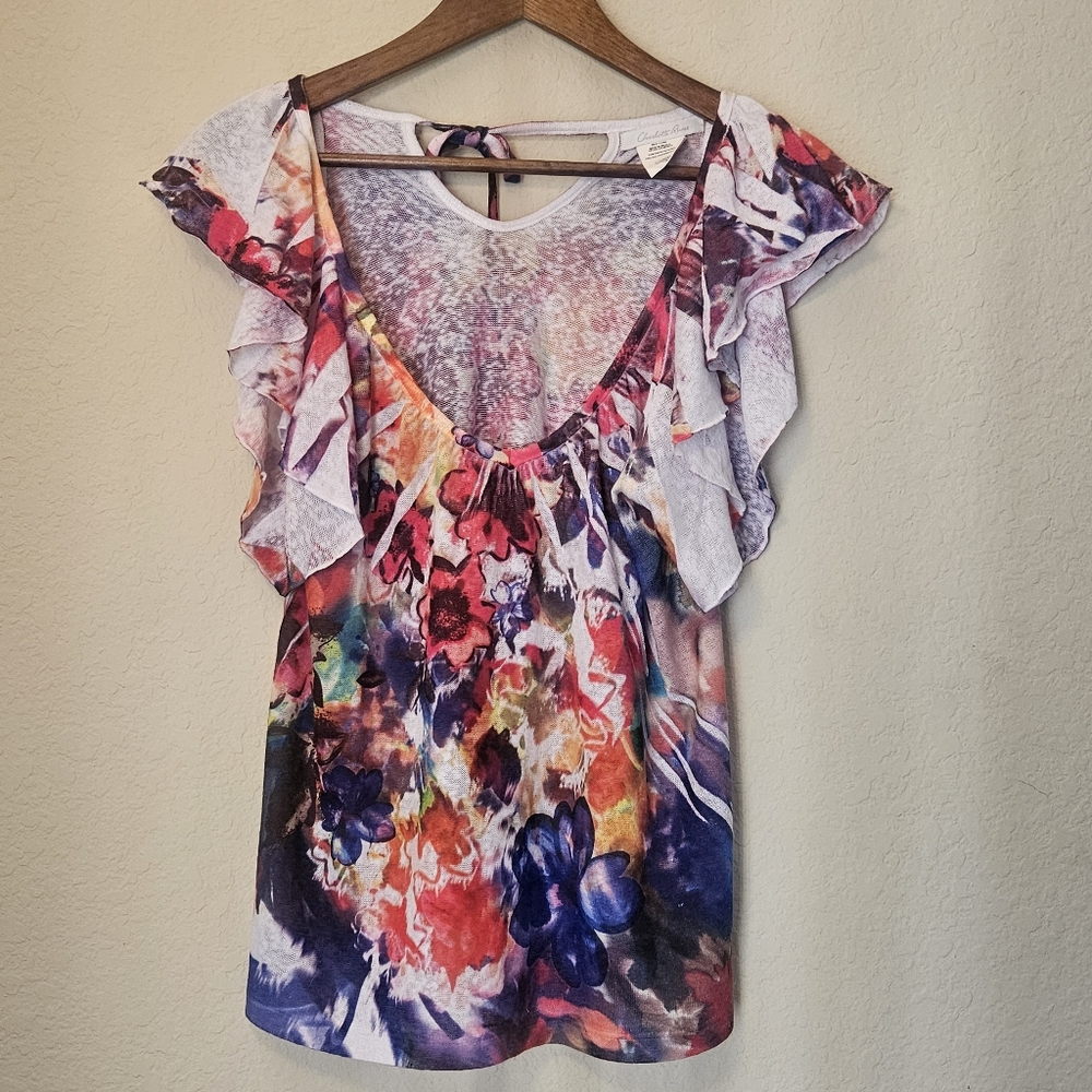 Charlotte Russe Sleeveless Blouse Womens Medium Purple Red Floral Ruffle Sleeve